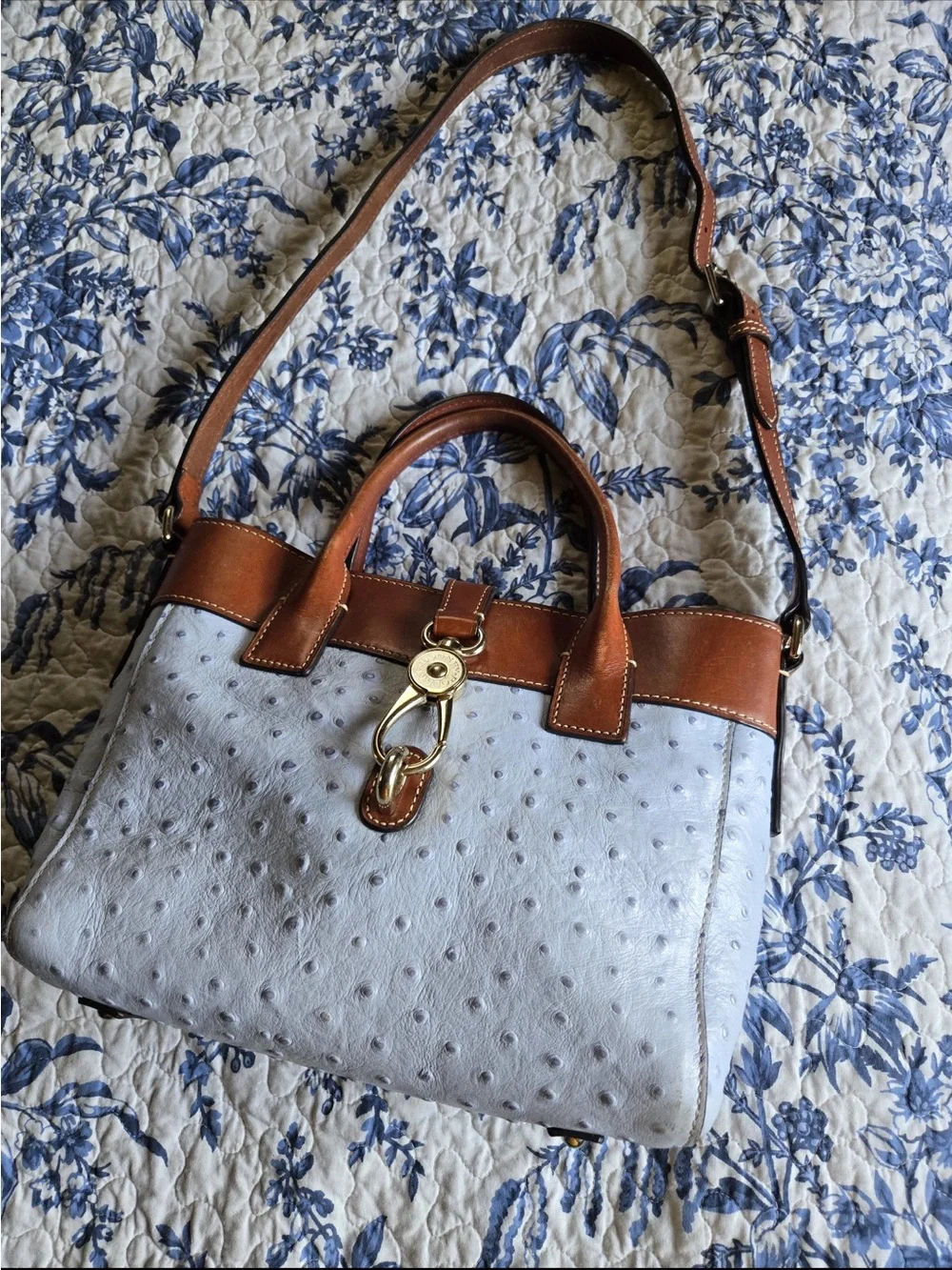 Dooney & Bourke
Beautiful light blue Ostrich 
Leather Satchel with Brown Triim - Picture 2 of 16